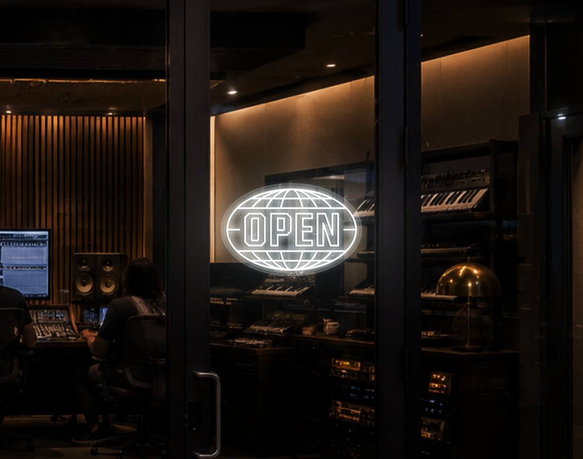 Varsity Globe Badge Open LED Neon Sign - White