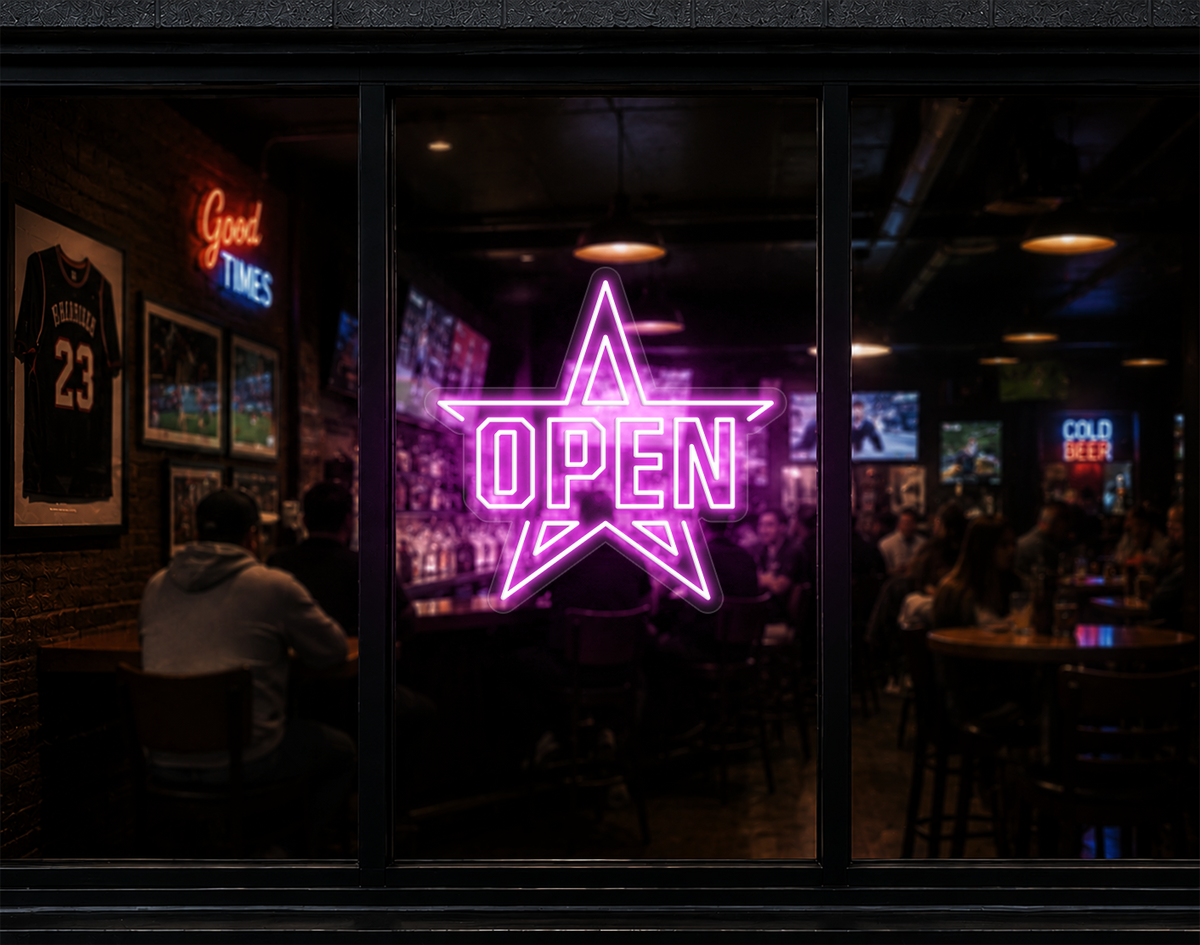 Varsity Star Badge Open LED Neon Sign - Bubblegum Pink