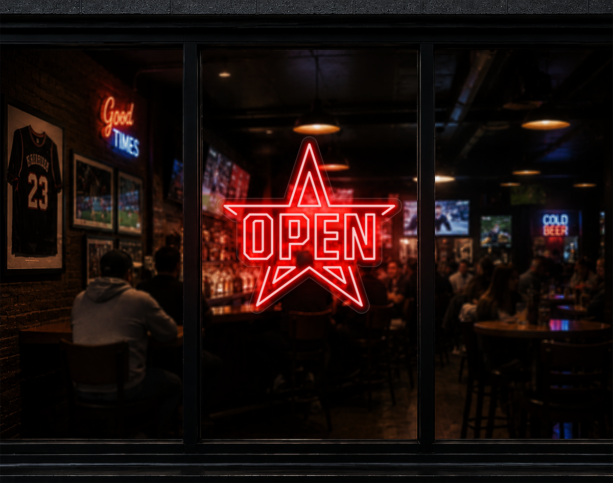 Varsity Star Badge Open LED Neon Sign - Coral Orange
