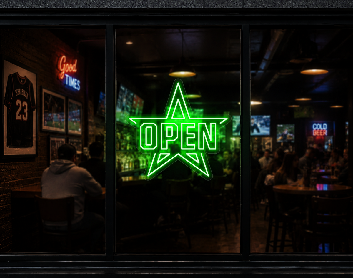 Varsity Star Badge Open LED Neon Sign - Green