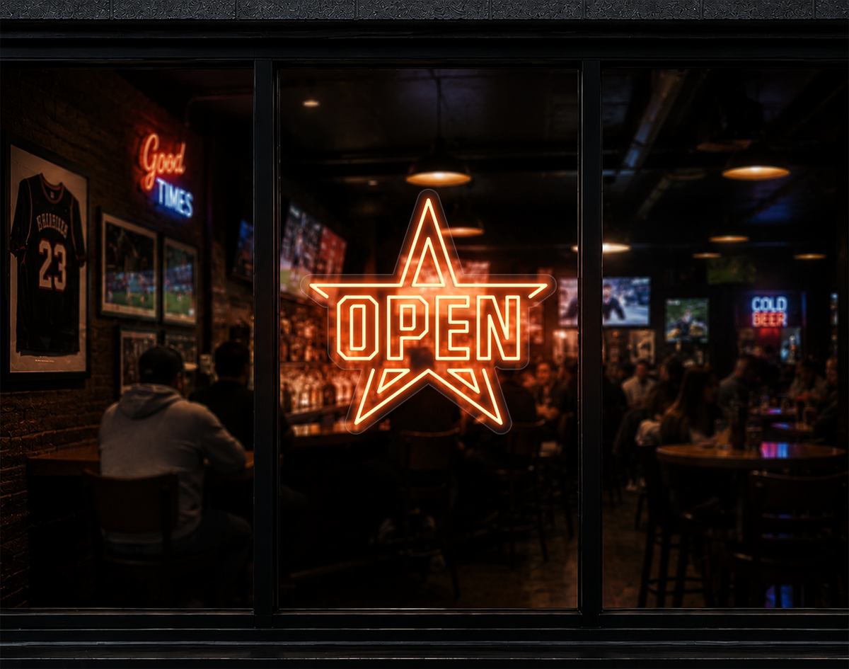 Varsity Star Badge Open LED Neon Sign - Peach Orange