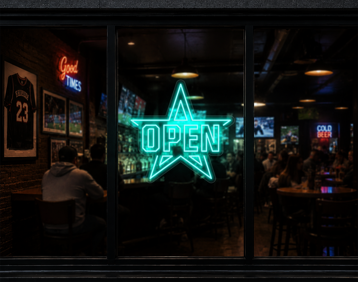 Varsity Star Badge Open LED Neon Sign - Turquoise