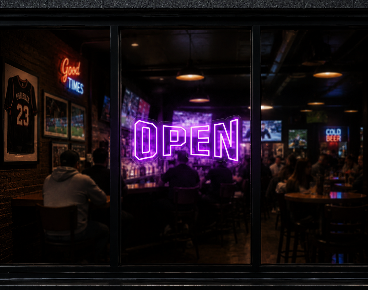 Varsity Type Open LED Neon Sign - Lilac Purple